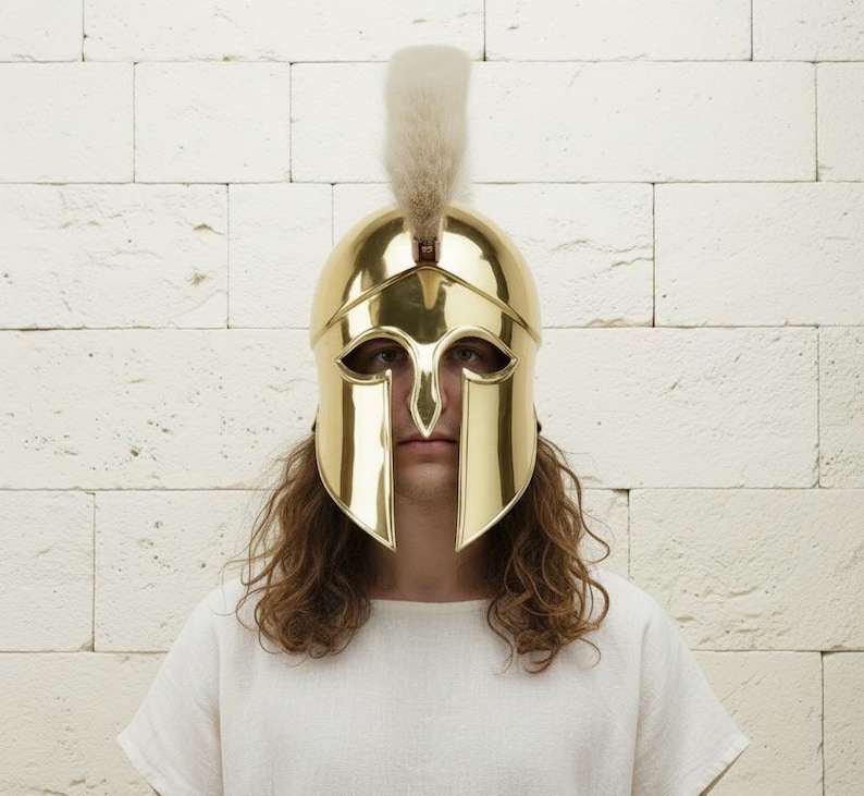 Golden Corinthian Helmet — Spartan Armor White Horsehair Crest view 2