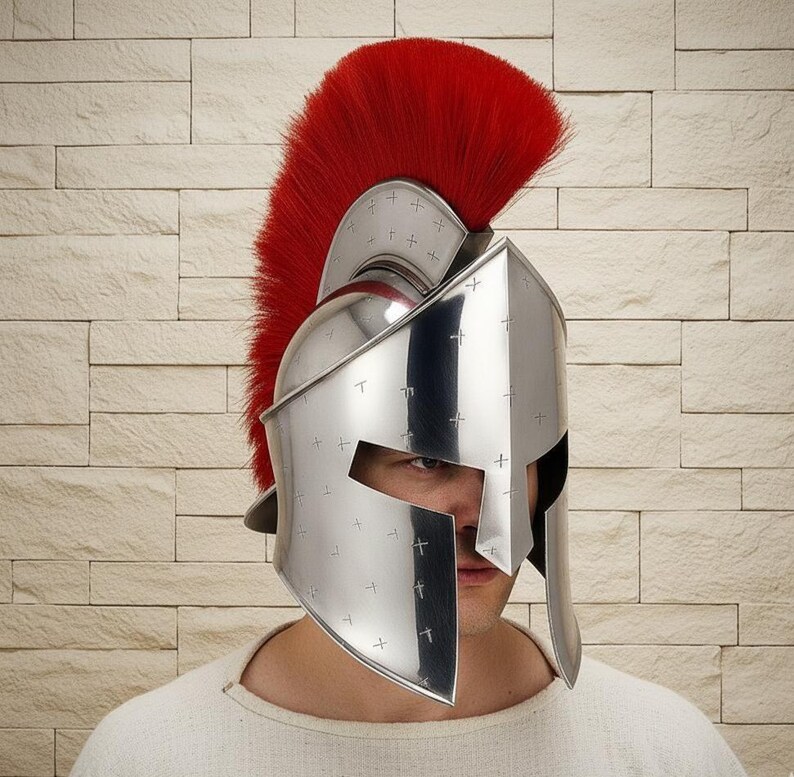Spartan Helmet — Polished Steel Corinthian Red Crest view 2