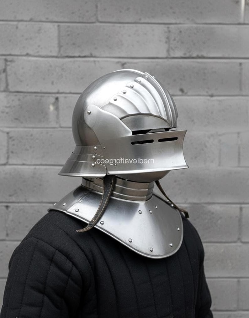 Steel Visor Helmet with Gorget — Knight Armor Set view 3