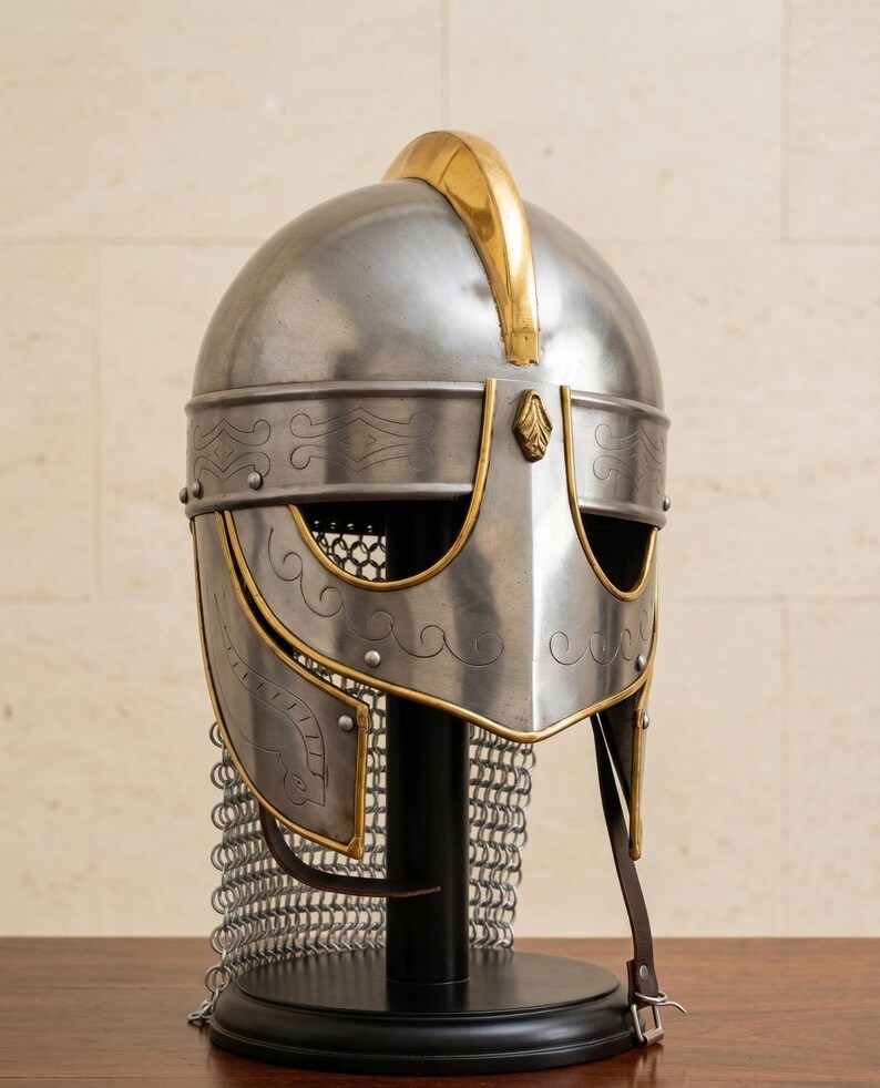 Medieval Knight Helmet with Chainmail — Brass Trim view 5