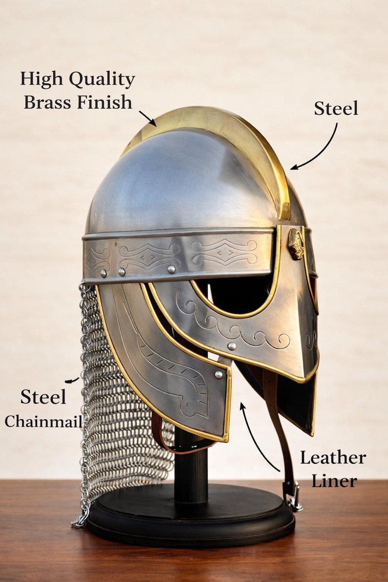 Medieval Knight Helmet with Chainmail — Brass Trim view 6