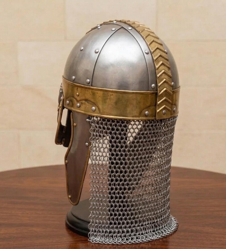 Viking Knight Helmet with Chainmail — Brass Aventail view 2