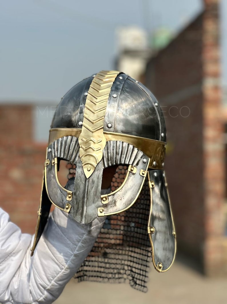Viking Knight Helmet with Chainmail — Brass Aventail view 3