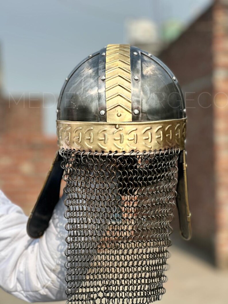 Viking Knight Helmet with Chainmail — Brass Aventail view 4