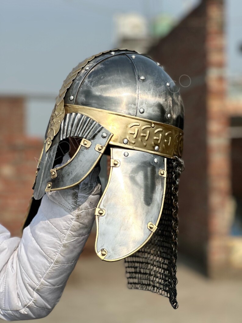 Viking Knight Helmet with Chainmail — Brass Aventail view 12