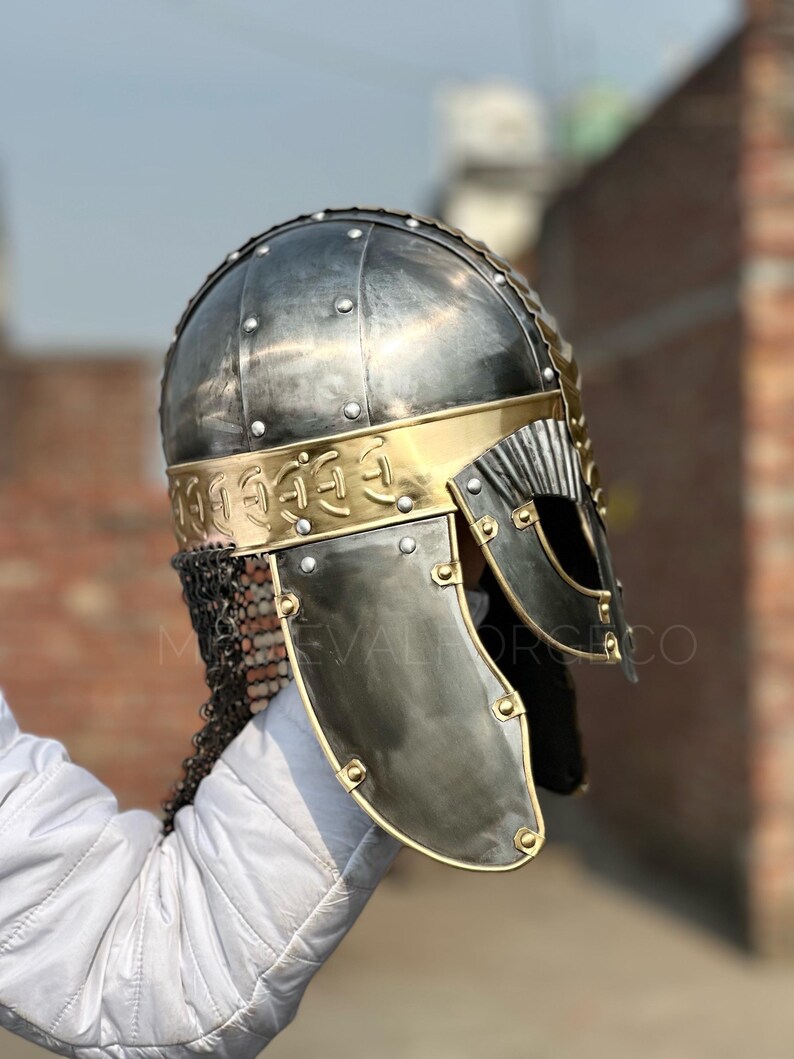 Viking Knight Helmet with Chainmail — Brass Aventail view 13