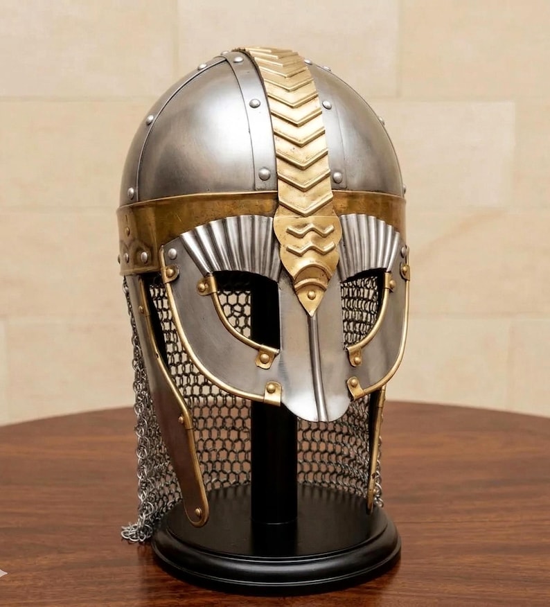 Viking Knight Helmet with Chainmail — Brass Aventail view 16