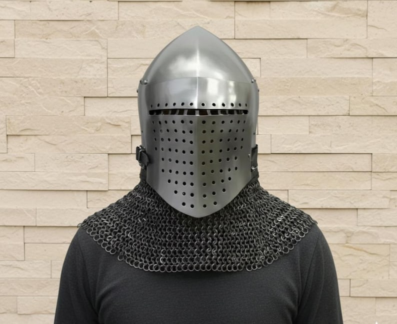 Crusader Knight Great Helm — Steel Chainmail view 4