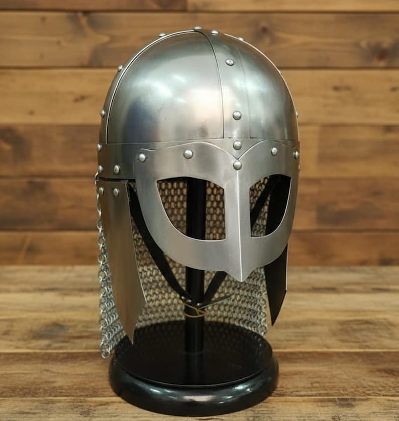 Viking Vendel Spectacle Helmet — Chainmail Wooden Stand view 2