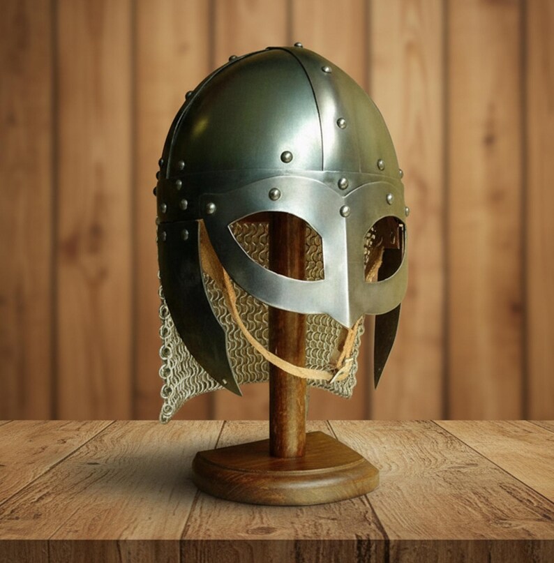Viking Vendel Spectacle Helmet — Chainmail Wooden Stand view 3