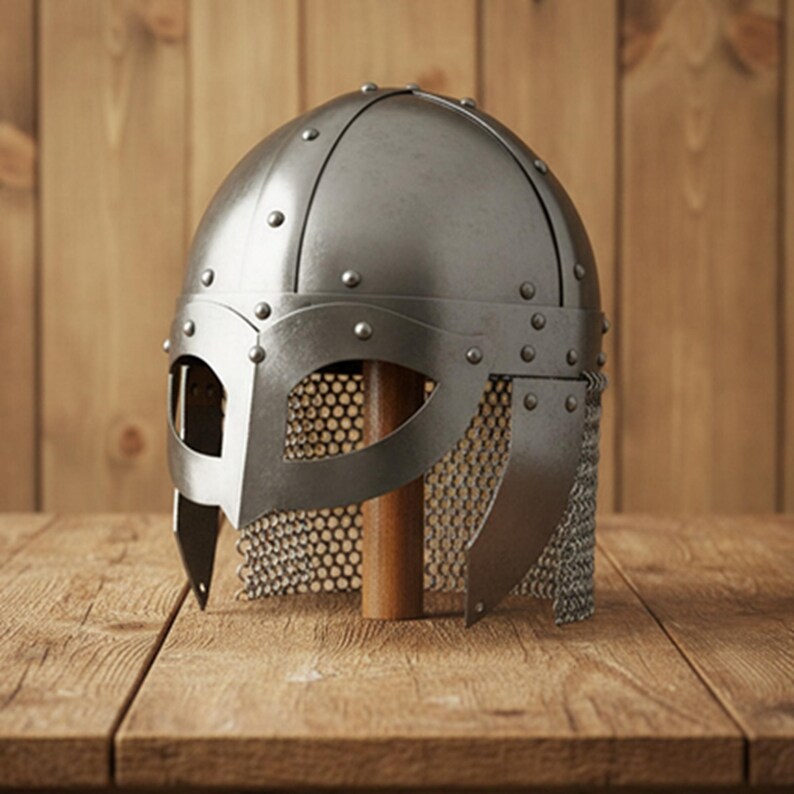 Viking Vendel Spectacle Helmet — Chainmail Wooden Stand view 7