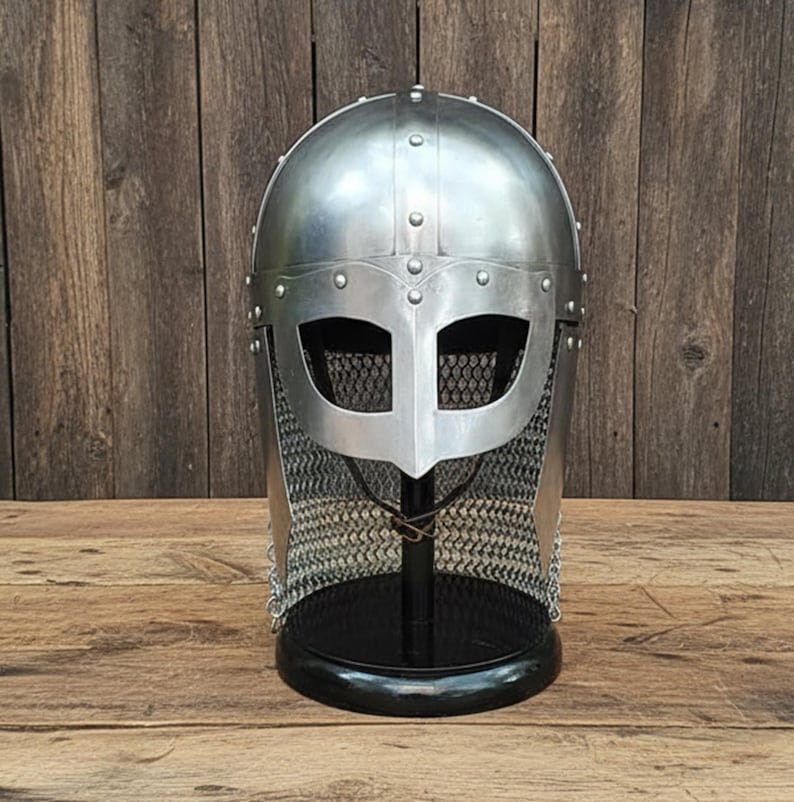 Viking Vendel Spectacle Helmet — Chainmail Wooden Stand view 12