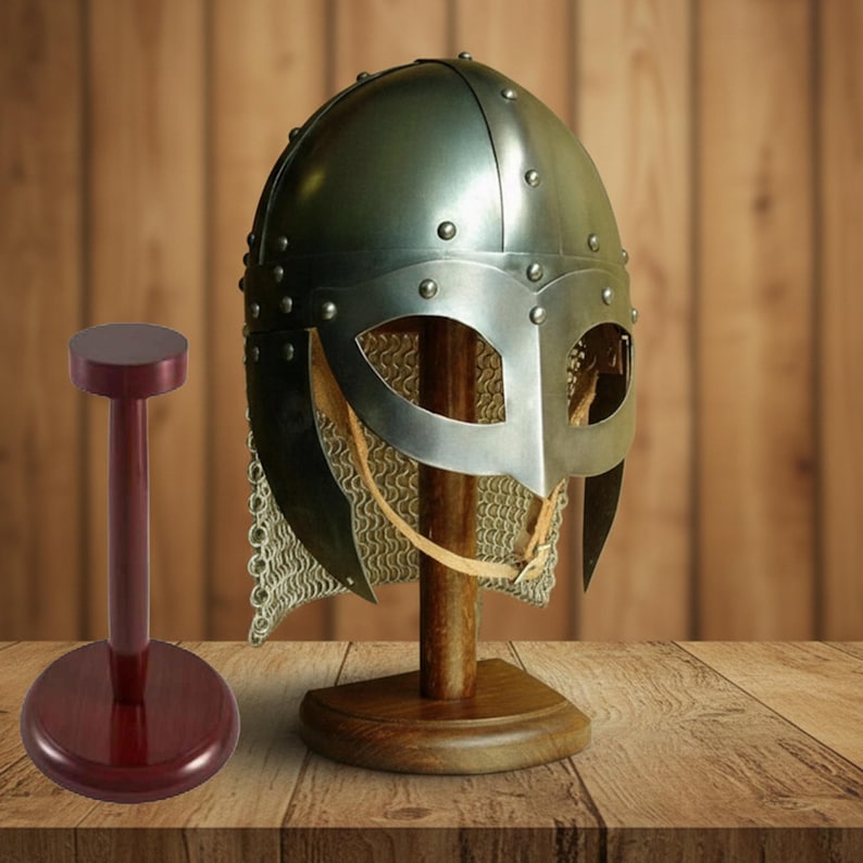 Viking Vendel Spectacle Helmet — Chainmail Wooden Stand view 14