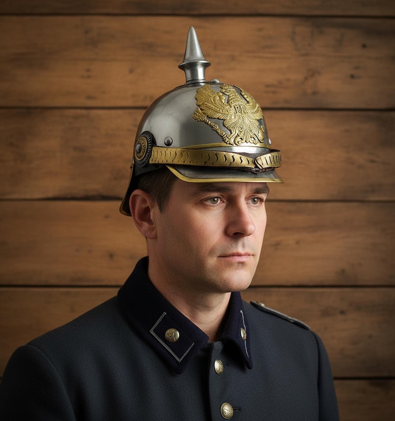 German Pickelhaube Helmet with Wooden Stand view 3