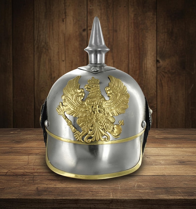 German Pickelhaube Helmet with Wooden Stand view 5