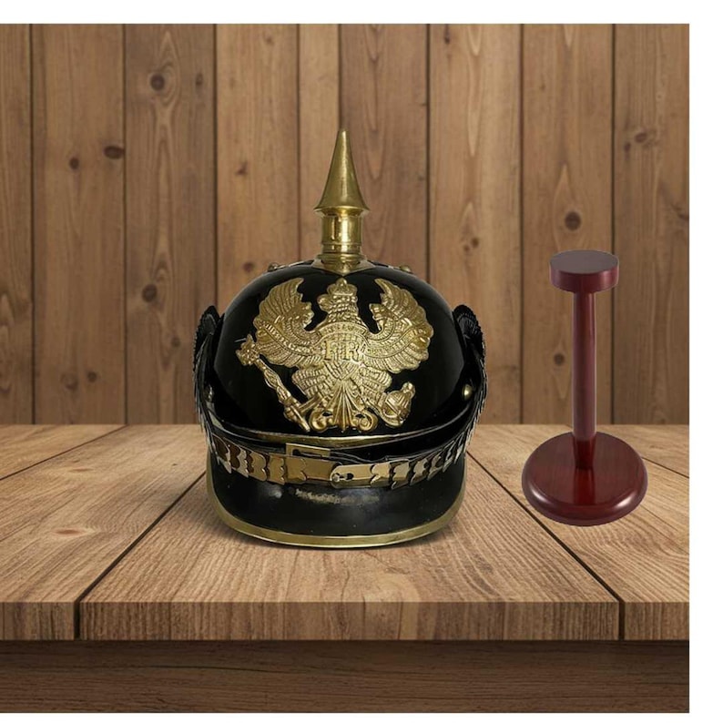 Black German Pickelhaube Helmet with Wooden Stand view 2