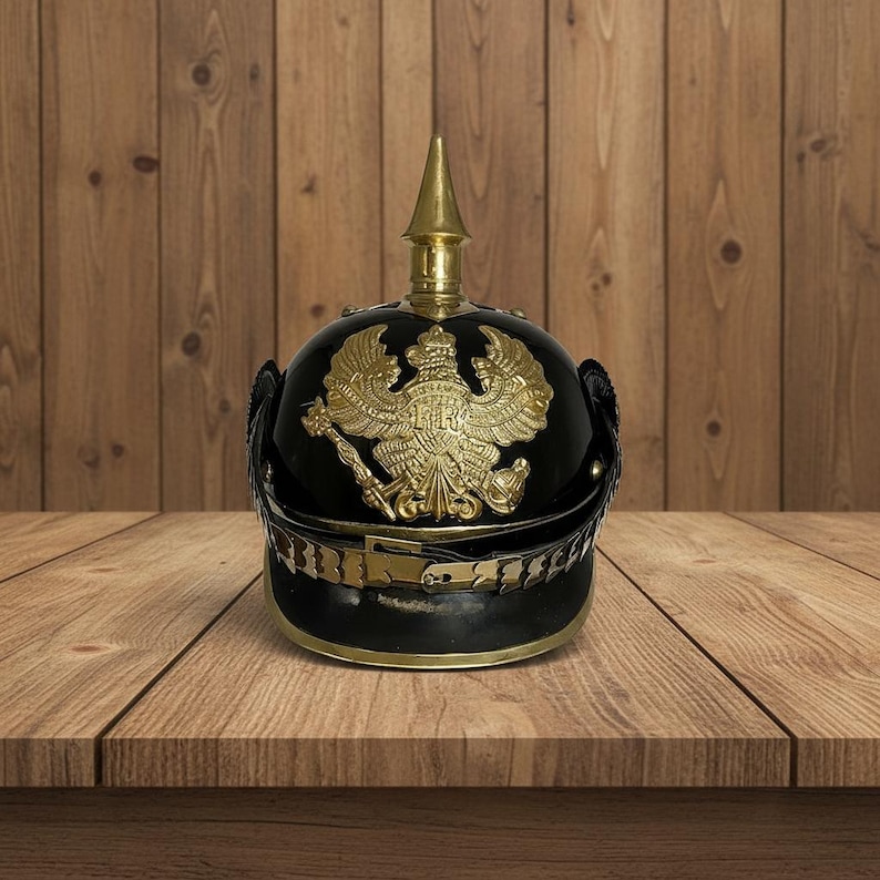 Black German Pickelhaube Helmet with Wooden Stand view 7
