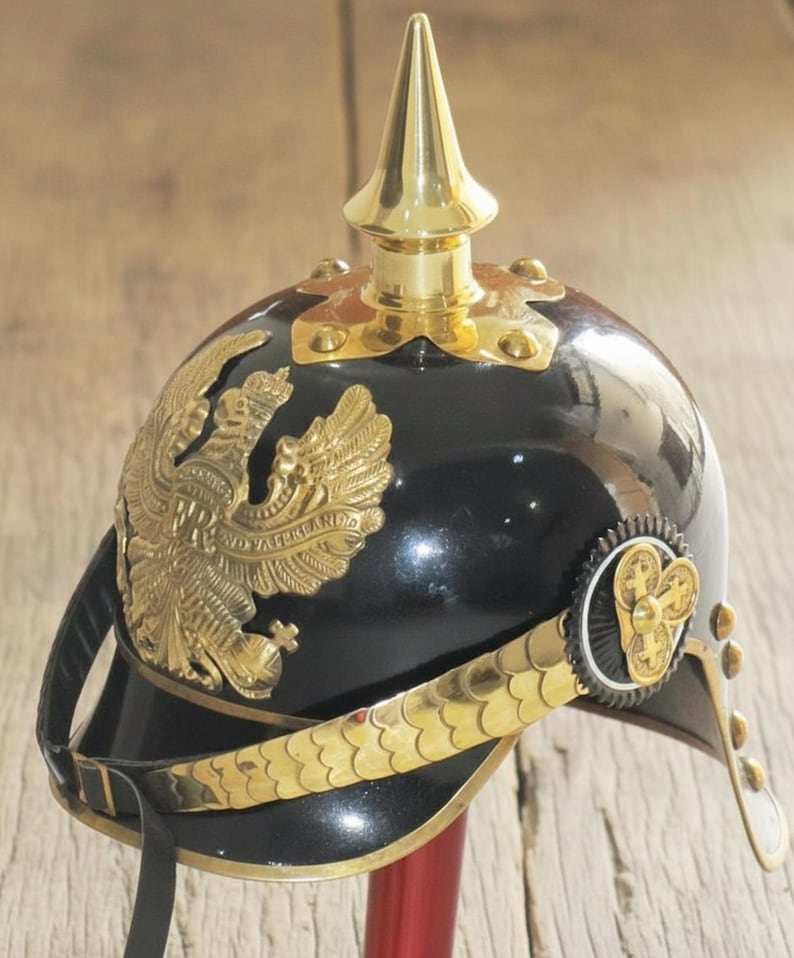 Black German Pickelhaube Helmet with Wooden Stand view 9