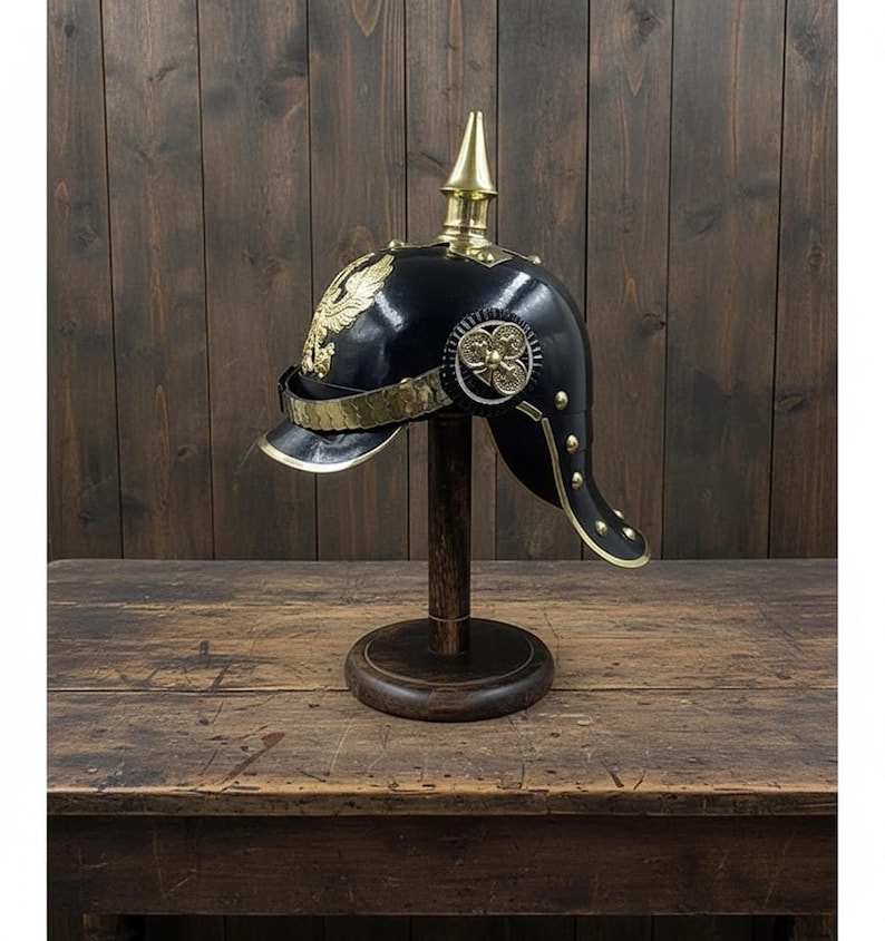 Black German Pickelhaube Helmet with Wooden Stand view 12
