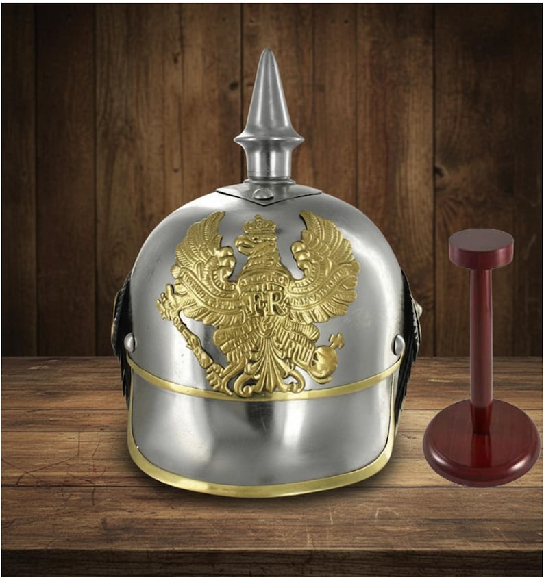 Black German Pickelhaube Helmet with Wooden Stand view 14