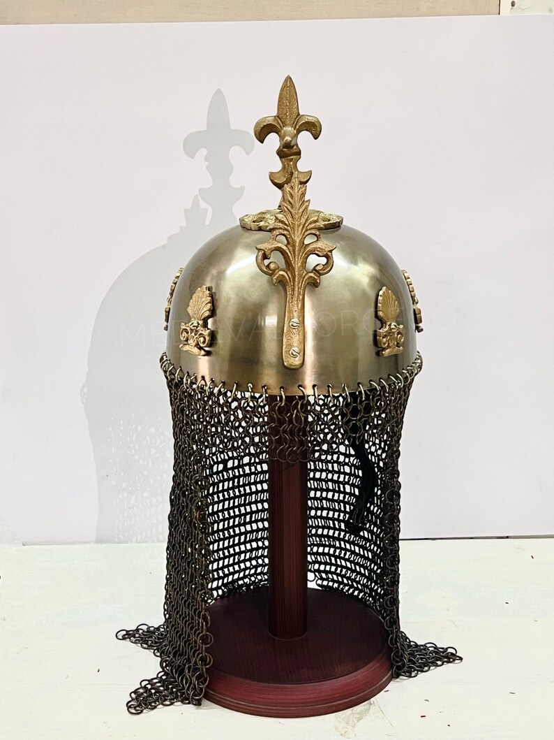 Royal Crusader Chainmail Helmet — Brass Finish Norman view 4