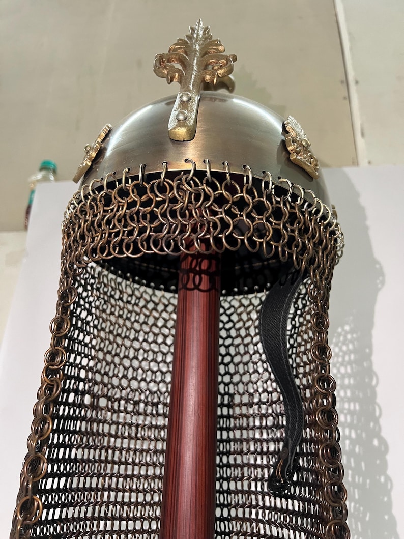 Royal Crusader Chainmail Helmet — Brass Finish Norman view 9