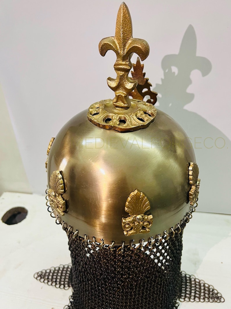 Royal Crusader Chainmail Helmet — Brass Finish Norman view 10