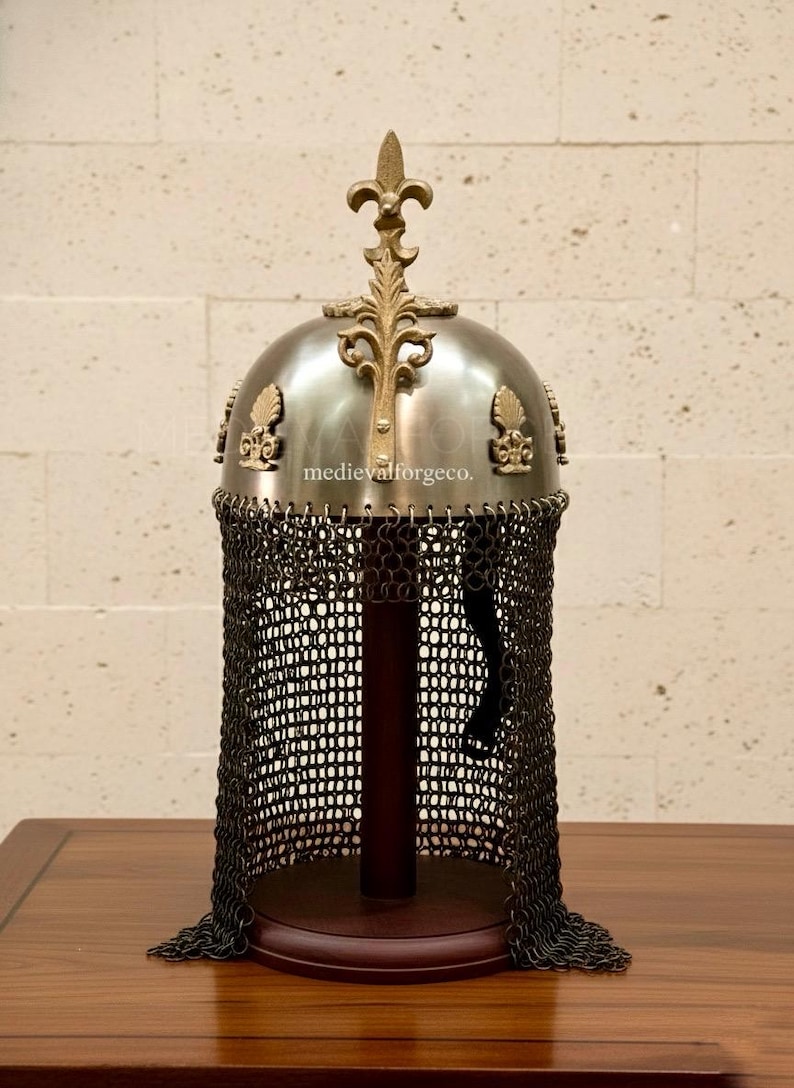 Royal Crusader Chainmail Helmet — Brass Finish Norman view 12