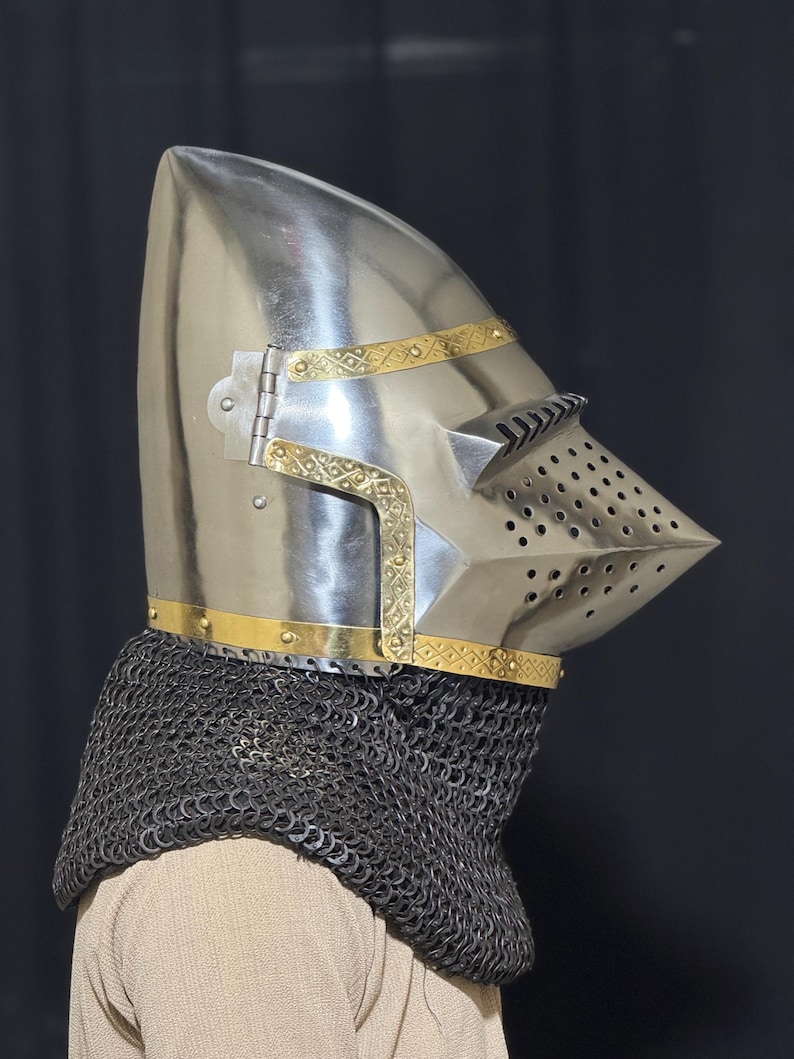 Steel Bascinet Pig Face Chainmail Helmet — Brass Trim view 5