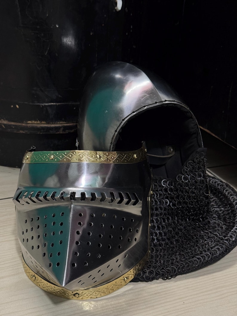 Steel Bascinet Pig Face Chainmail Helmet — Brass Trim view 9