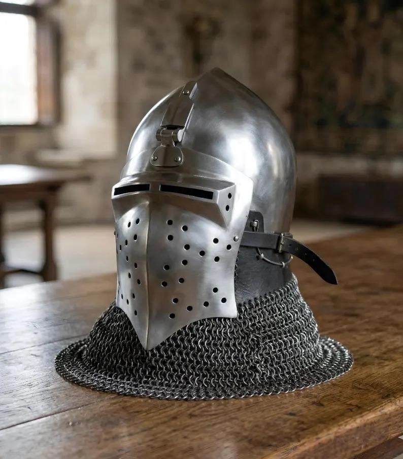 Knight Bascinet Helmet with Chainmail Coif — Crusader view 2