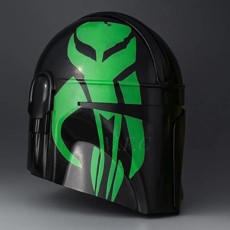 Beskar Steel Mandalorian Helmet — Black and Green view 3