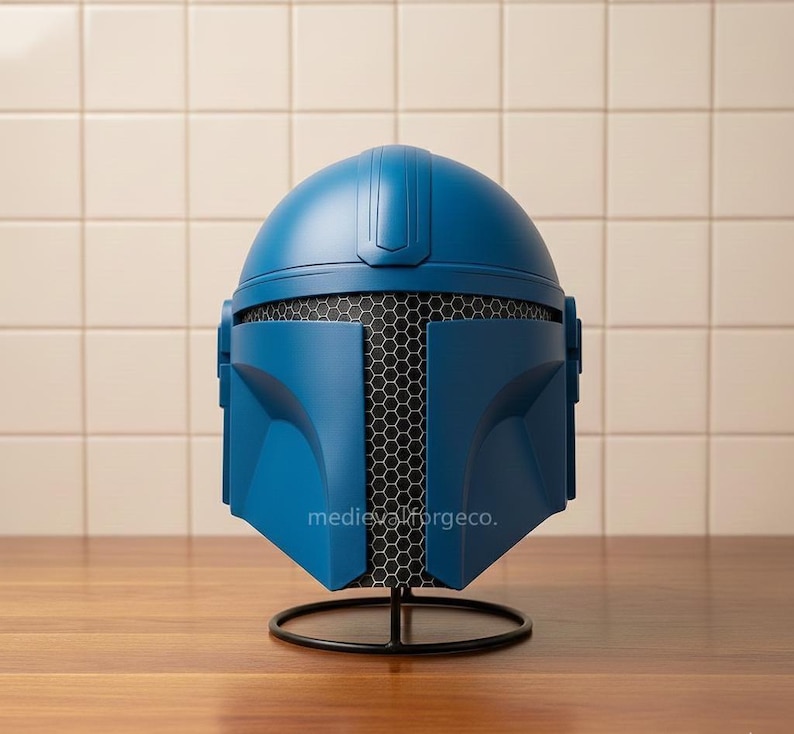 Blue Fantasy Warrior Mandalorian Helmet — Sci-Fi Display view 4