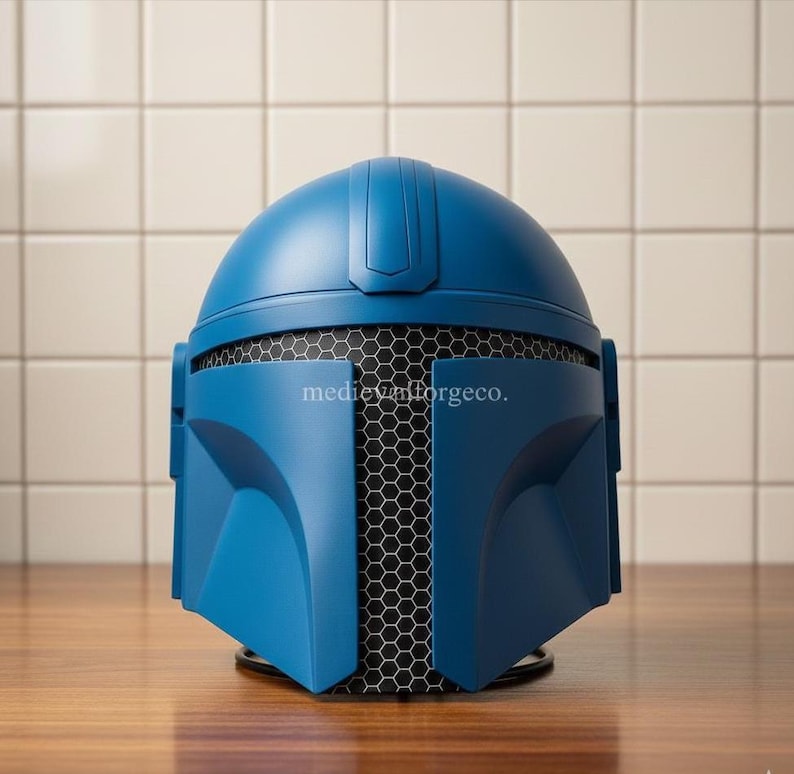 Blue Fantasy Warrior Mandalorian Helmet — Sci-Fi Display view 7