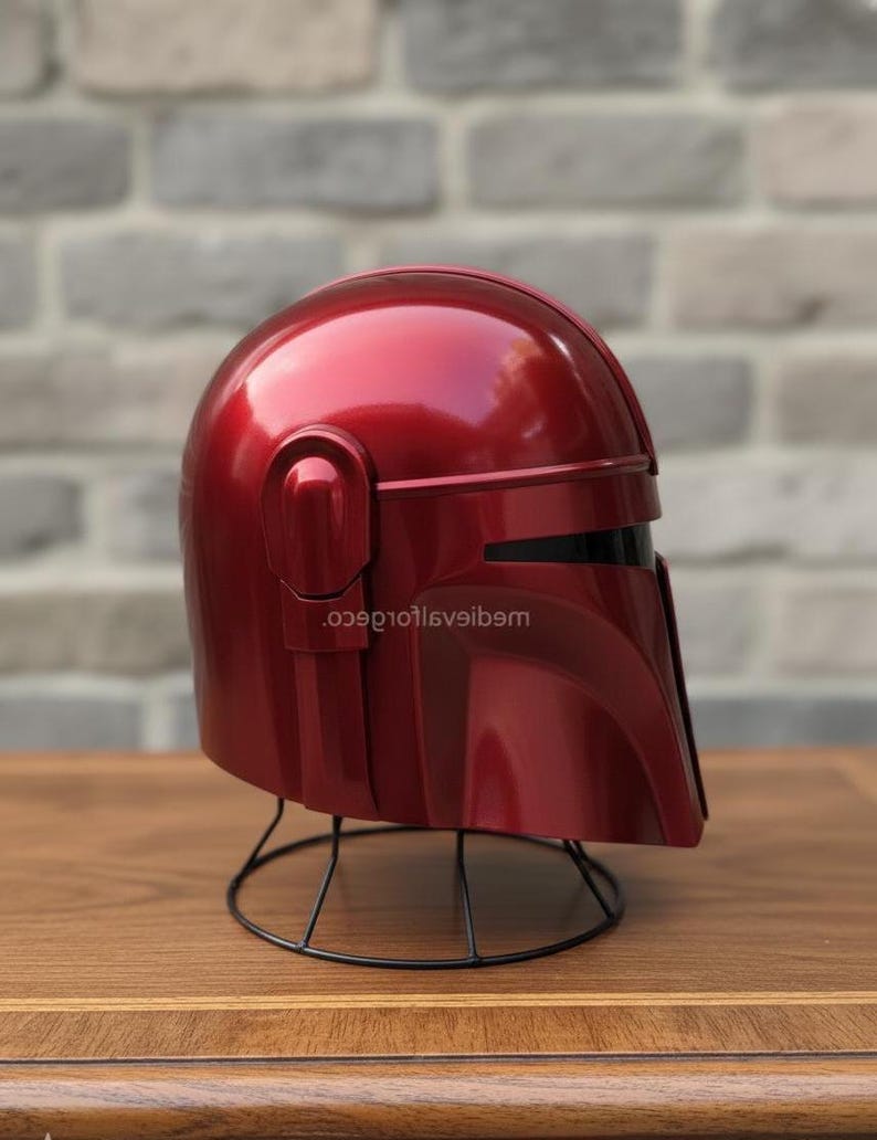 Red Sci-Fi Mandalorian Armor Helmet — Futuristic Display view 4