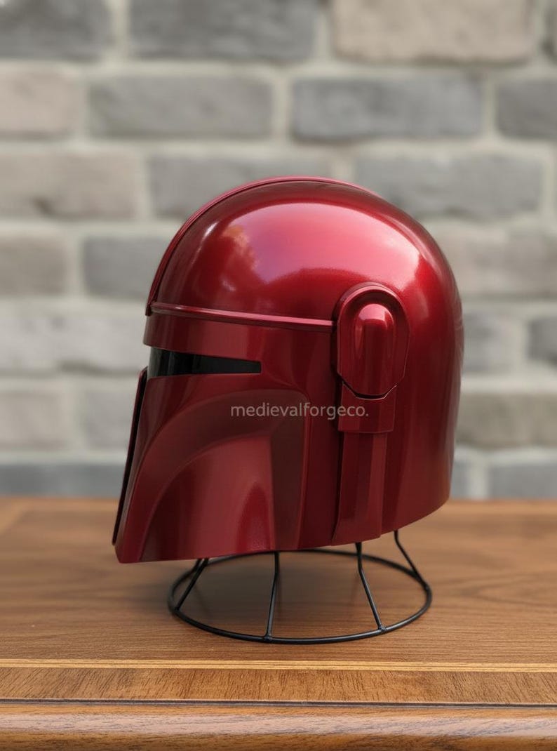 Red Sci-Fi Mandalorian Armor Helmet — Futuristic Display view 5