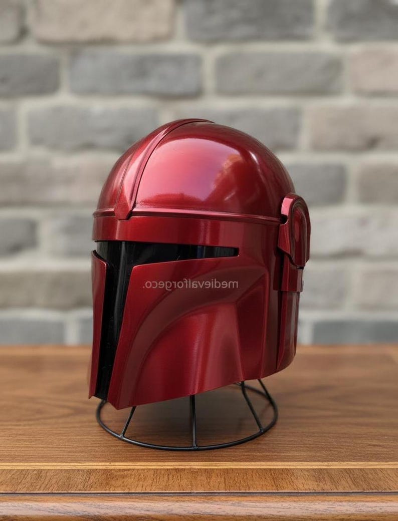 Red Sci-Fi Mandalorian Armor Helmet — Futuristic Display view 6