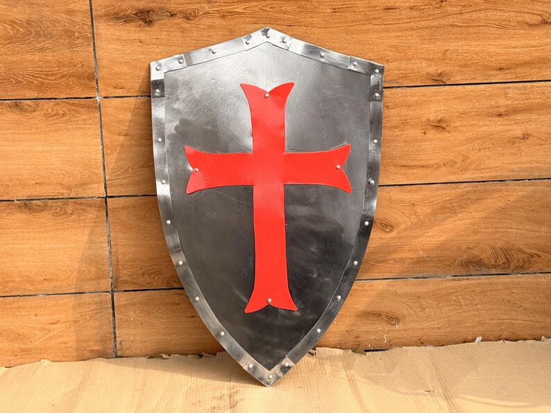 Red Cross Crusader Shield with Steel Battle Knight Heater view 2