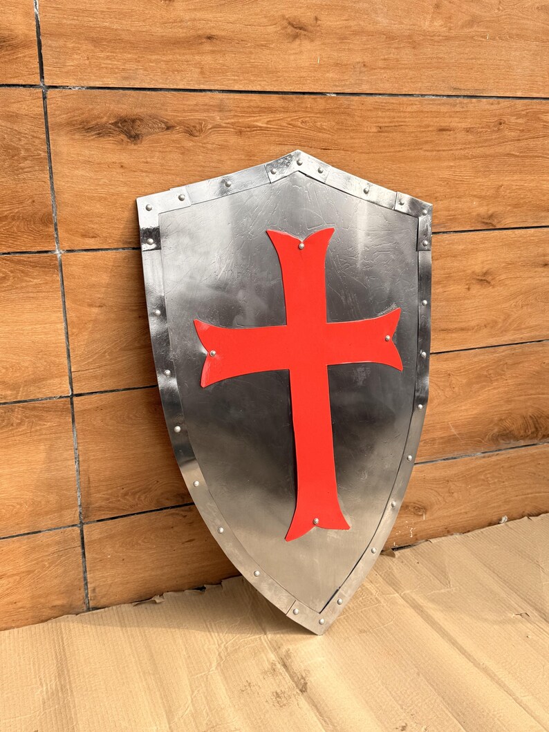 Red Cross Crusader Shield with Steel Battle Knight Heater view 7