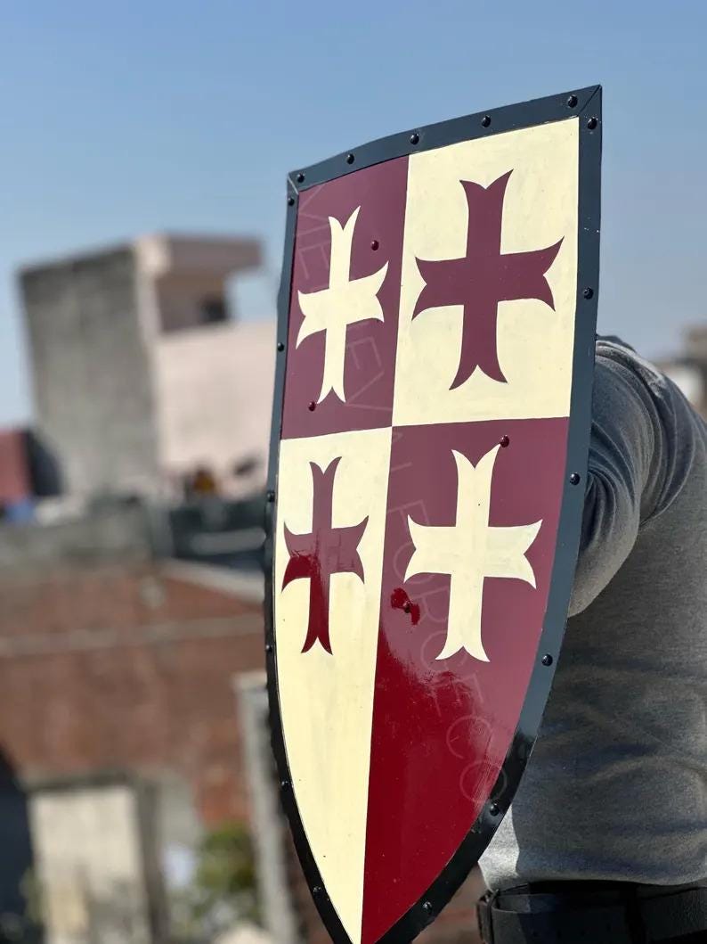 Medieval Crusader Heater Shield with Templar Cross Handmade Steel & Wood view 3
