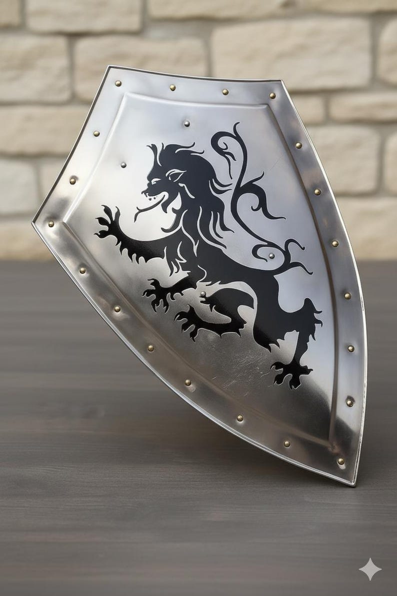 Medieval Lion Rampant Heater Shield with Handmade Knight Steel view 2
