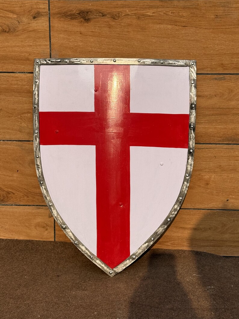 Red Crusader Steel Shield with Medieval Knight Battle view 3