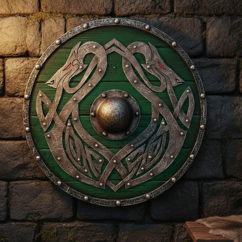 Wooden Round Shield with Intricate Norse Dragon Design view 4