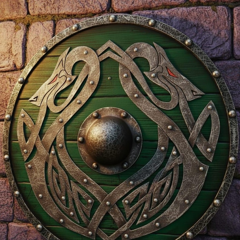 Wooden Round Shield with Intricate Norse Dragon Design view 5