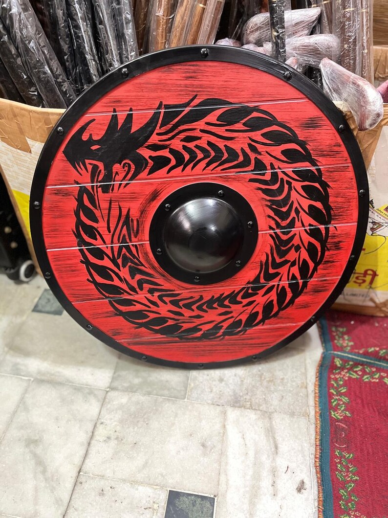 Medieval Viking Wolf Wooden Shield with Norse Wall Décor view 3