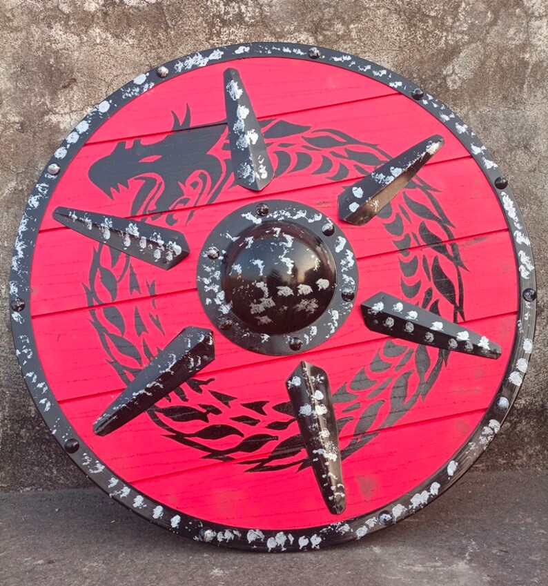 Dragon Design Wooden Viking Shield with Medieval Armor Wall Art view 4