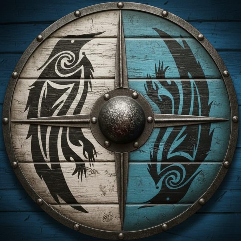 Handcrafted Viking Shield with Blue & White Dragon, Steel Boss view 11