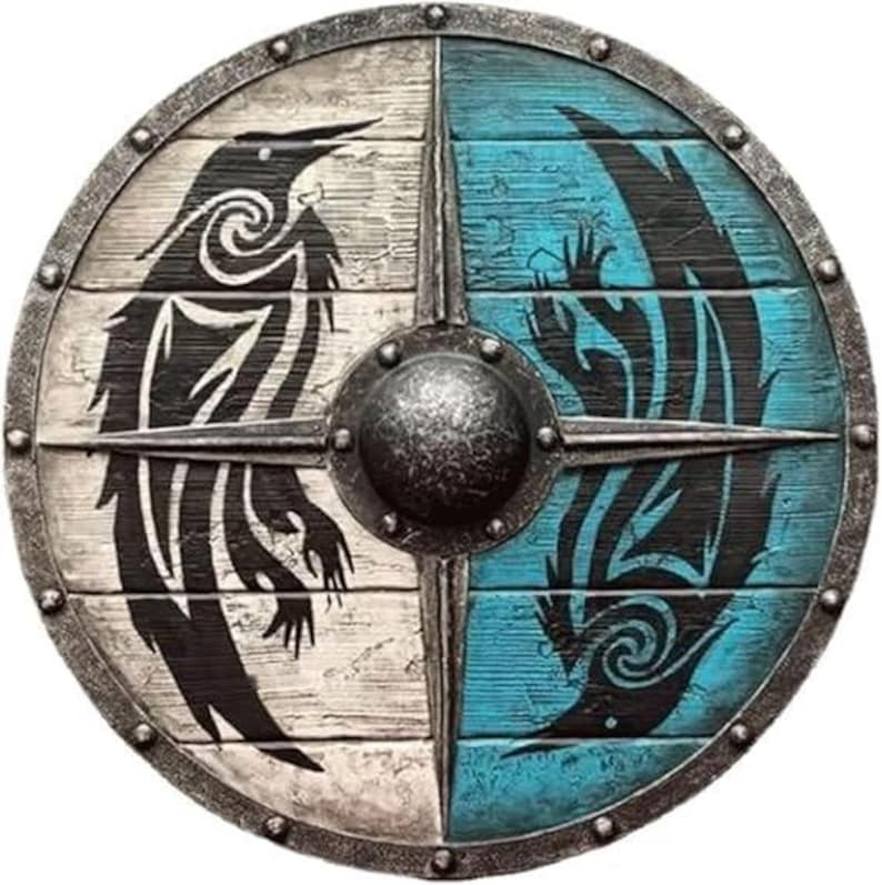 Handcrafted Viking Shield with Blue & White Dragon, Steel Boss view 12