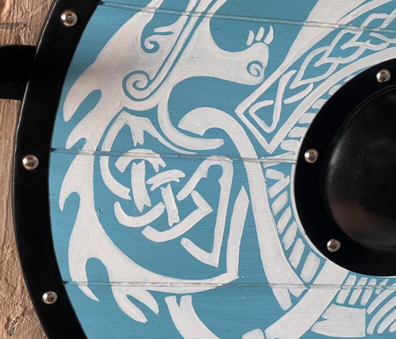 Viking Round Shield with Blue Dragon Design Wood with Metal Boss view 5