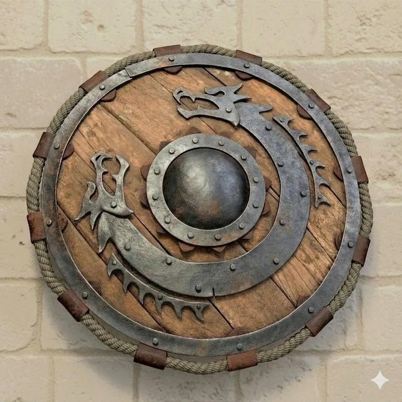 Handcrafted Viking Engraved Dragon Round Shield with Norse Wall Décor view 7